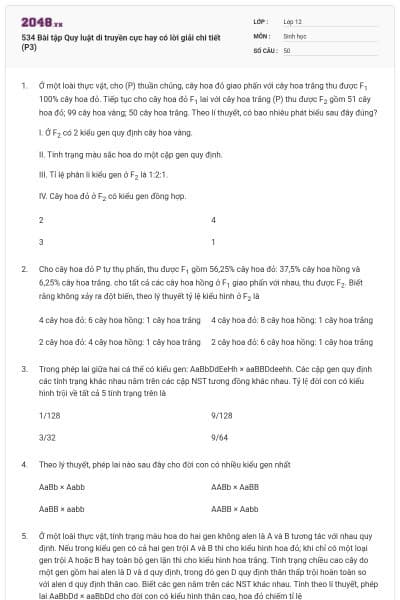 534 Bài tập Quy luật di truyền cực hay có lời giải chi tiết (P3)