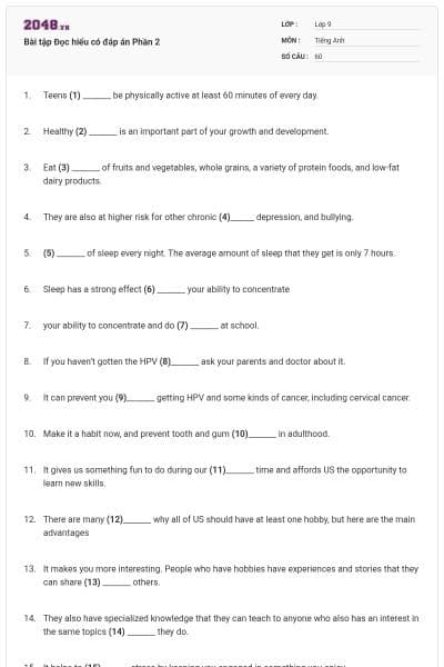 Bài tập Đọc hiểu có đáp án Phần 2