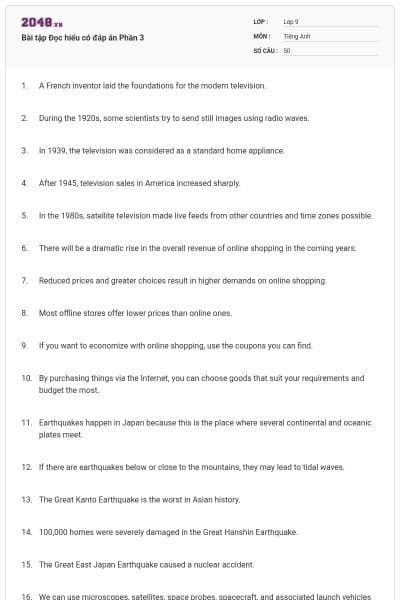 Bài tập Đọc hiểu có đáp án Phần 3