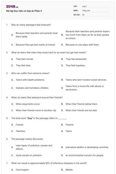 Bài tập Đọc hiểu có đáp án Phần 4
