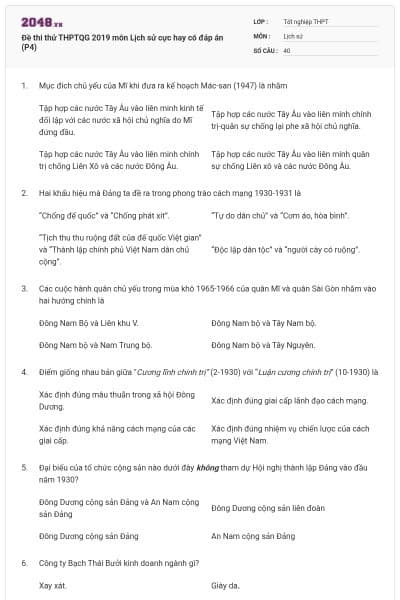 Đề thi thử THPTQG 2019 môn Lịch sử cực hay có đáp án (P4)