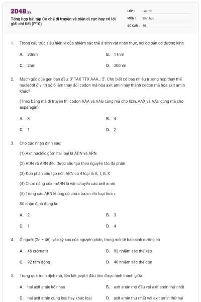 Tổng hợp bài tập Cơ chế di truyền và biến dị cực hay có lời giải chi tiết (P10)