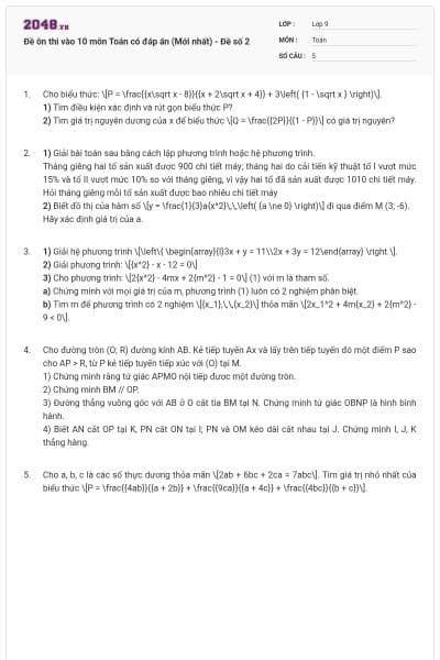Đề ôn thi vào 10 môn Toán có đáp án (Mới nhất) - Đề số 2