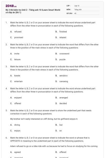 Bộ 3 Đề kiểm tra Unit 2 - Tiếng anh 10 iLearn Smart World có đáp án (Đề 1)