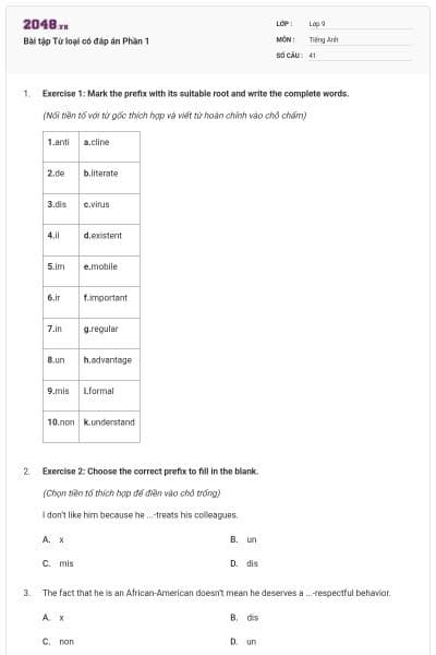 Bài tập Từ loại có đáp án Phần 1