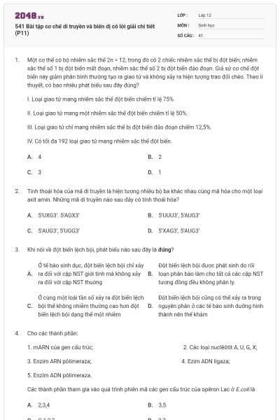 541 Bài tập cơ chế di truyền và biến dị có lời giải chi tiết (P11)