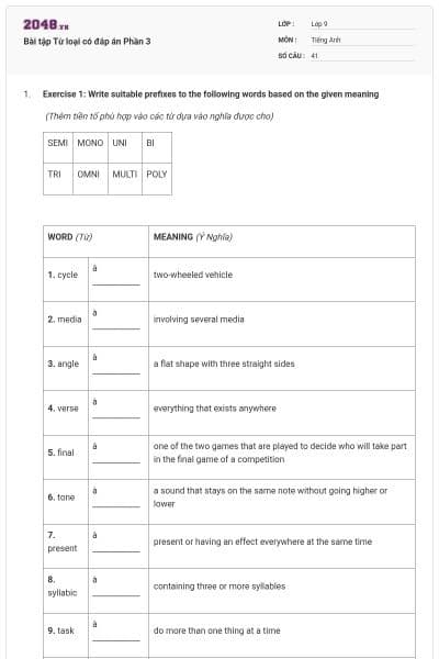 Bài tập Từ loại có đáp án Phần 3