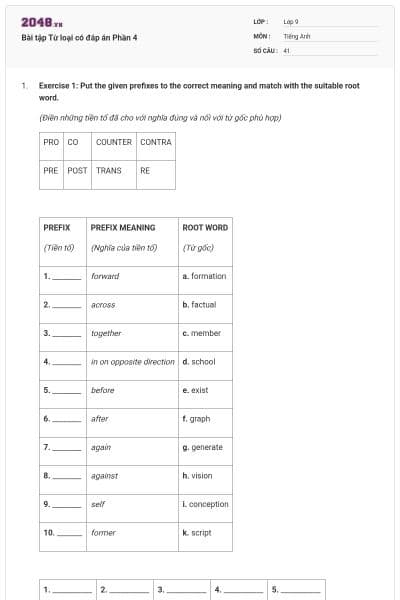 Bài tập Từ loại có đáp án Phần 4