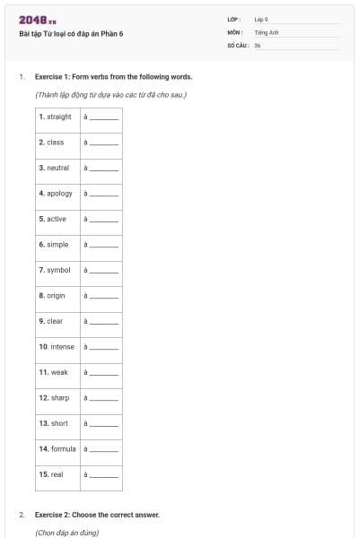 Bài tập Từ loại có đáp án Phần 6