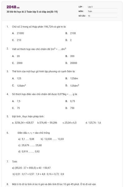 30 Đề thi học kì 2 Toán lớp 5 có đáp án(đề 19)