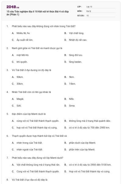 15 câu Trắc nghiệm Địa lí 10 Kết nối tri thức Bài 4 có đáp án (Phần 1)