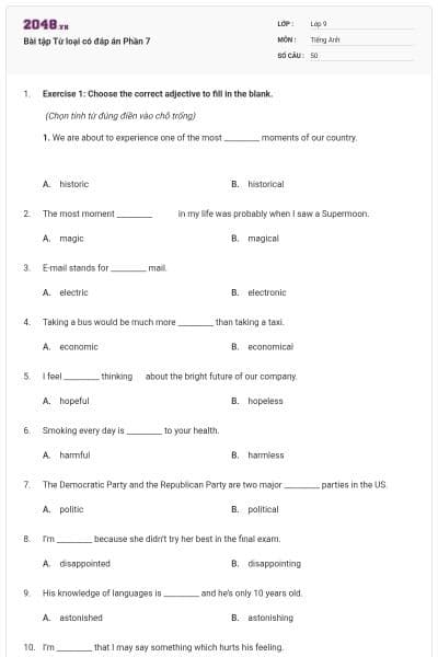 Bài tập Từ loại có đáp án Phần 7