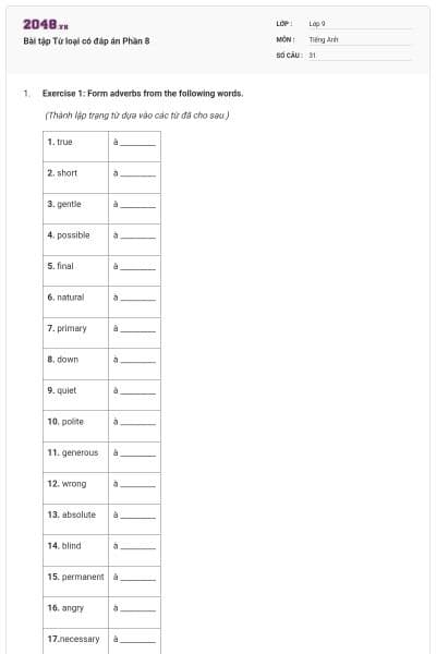 Bài tập Từ loại có đáp án Phần 8