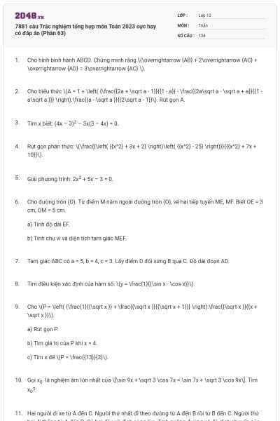 7881 câu Trắc nghiệm tổng hợp môn Toán 2023 cực hay có đáp án (Phần 63)
