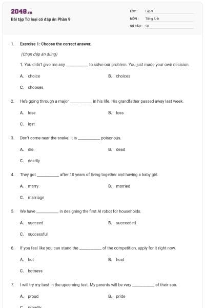 Bài tập Từ loại có đáp án Phần 9