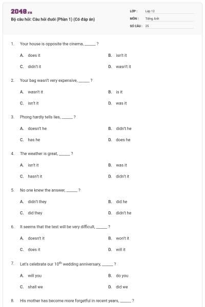 Bộ câu hỏi: Câu hỏi đuôi (Phần 1) (Có đáp án)