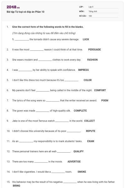 Bài tập Từ loại có đáp án Phần 10