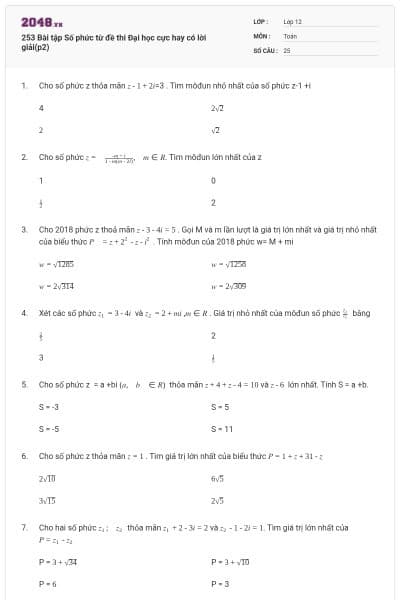 253 Bài tập Số phức từ đề thi Đại học cực hay có lời giải(p2)