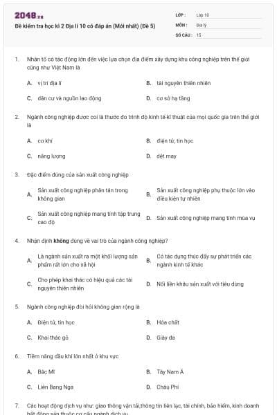 Đề kiểm tra học kì 2 Địa lí 10 có đáp án (Mới nhất) (Đề 5)