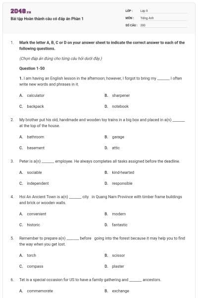 Bài tập Hoàn thành câu có đáp án Phần 1