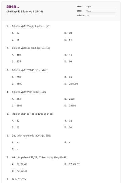 Đề thi học kì 2 Toán lớp 4 (Đề 16)