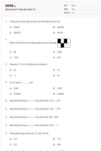 Đề thi học kì 2 Toán lớp 4 (Đề 17)