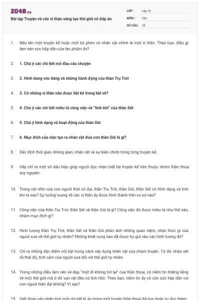 Bài tập Truyện về các vị thần sáng tạo thế giới có đáp án