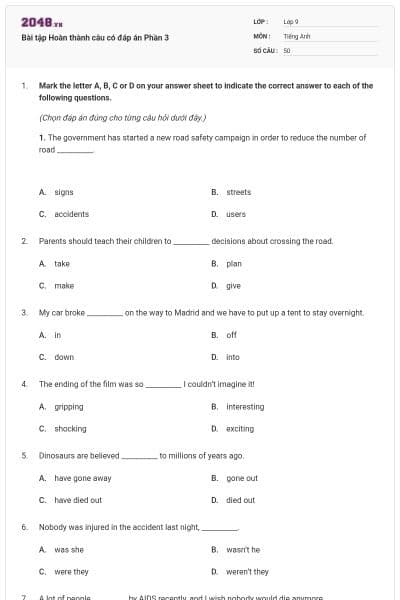 Bài tập Hoàn thành câu có đáp án Phần 3