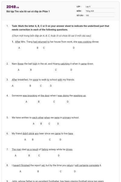 Bài tập Tìm sửa lỗi sai có đáp án Phần 1