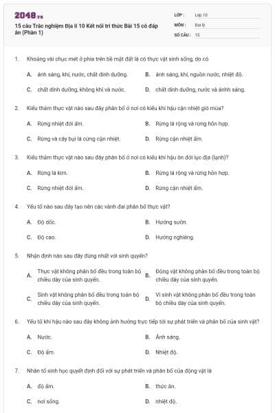 15 câu Trắc nghiệm Địa lí 10 Kết nối tri thức Bài 15 có đáp án (Phần 1)