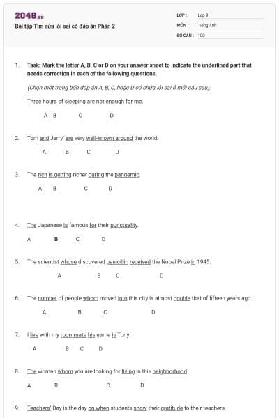 Bài tập Tìm sửa lỗi sai có đáp án Phần 2