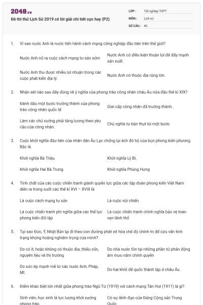 Đề thi thử Lịch Sử 2019 có lời giải chi tiết cực hay (P2)