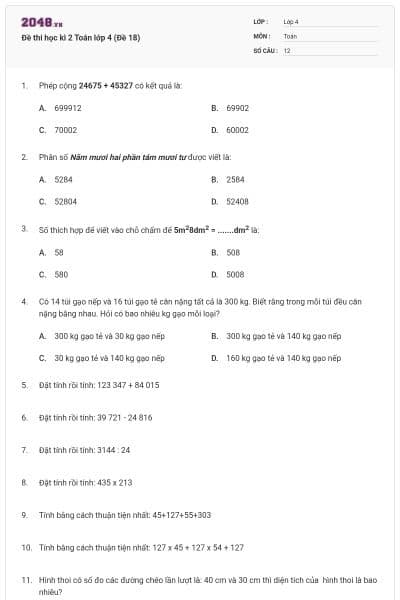 Đề thi học kì 2 Toán lớp 4 (Đề 18)