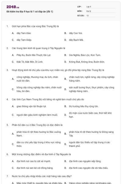 Đề kiểm tra Địa 9 học kì 1 có đáp án (đề 1)