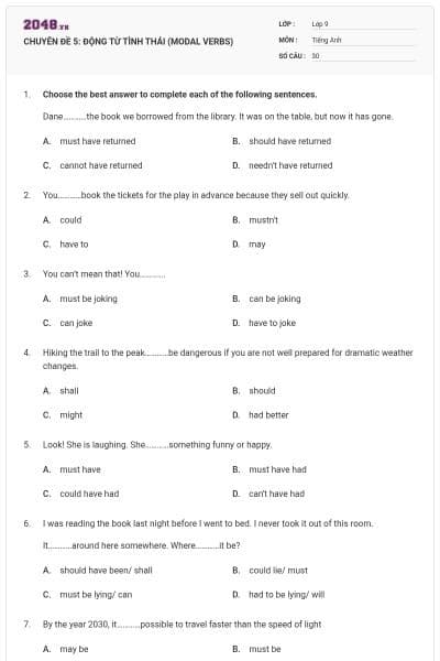 CHUYÊN ĐỀ 5: ĐỘNG TỪ TÌNH THÁI (MODAL VERBS)