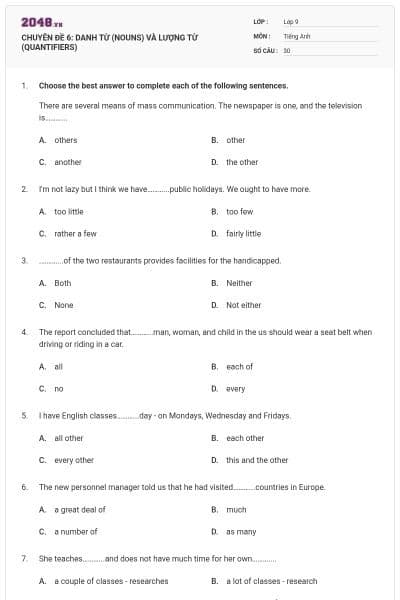 CHUYÊN ĐỀ 6: DANH TỪ (NOUNS) VÀ LƯỢNG TỪ (QUANTIFIERS)