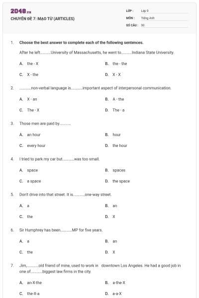 CHUYÊN ĐỀ 7: MẠO TỪ (ARTICLES)