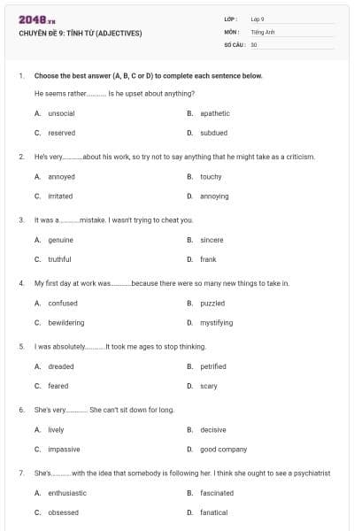 CHUYÊN ĐỀ 9: TÍNH TỪ (ADJECTIVES)