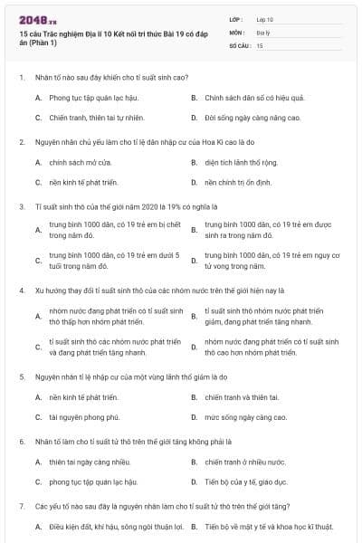15 câu Trắc nghiệm Địa lí 10 Kết nối tri thức Bài 19 có đáp án (Phần 1)
