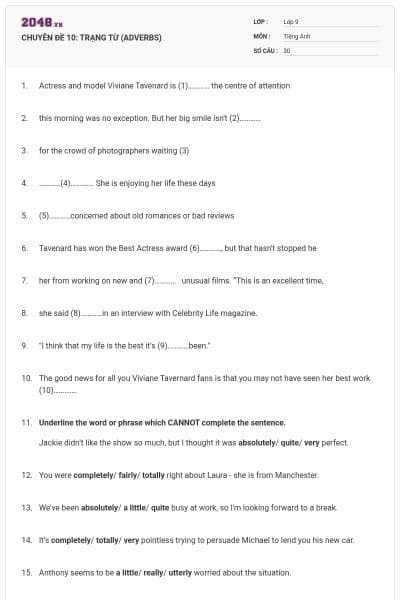 CHUYÊN ĐỀ 10: TRẠNG TỪ (ADVERBS)