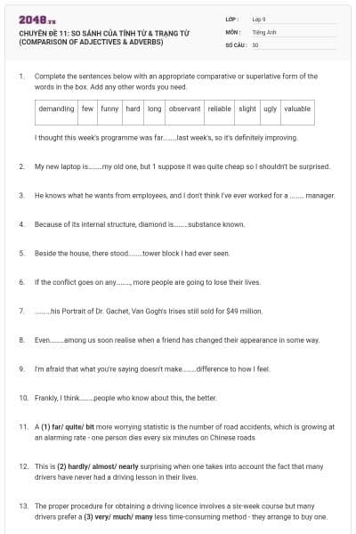 CHUYÊN ĐỀ 11: SO SÁNH CỦA TÍNH TỪ & TRẠNG TỪ (COMPARISON OF ADJECTIVES & ADVERBS)