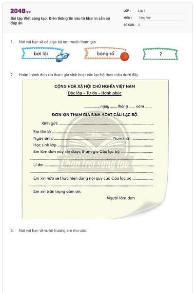 Bài tập Viết sáng tạo: Điền thông tin vào tờ khai in sẵn có đáp án