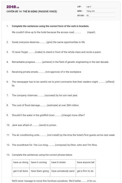 CHYÊN ĐỀ 14: THỂ BI ĐỘNG (PASSIVE VOICE)