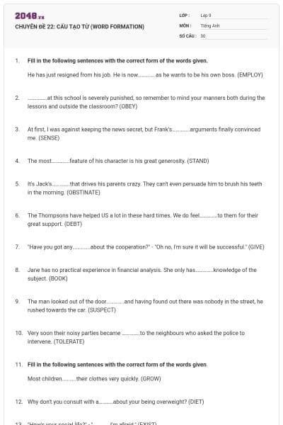 CHUYÊN ĐỀ 22: CẤU TẠO TỪ (WORD FORMATION)