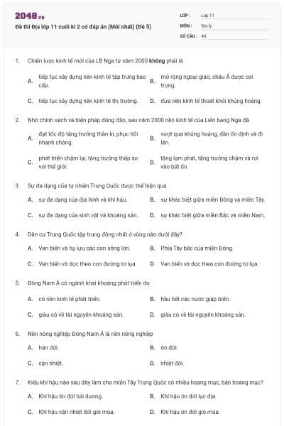 Đề thi Địa lớp 11 cuối kì 2 có đáp án (Mới nhất) (Đề 5)