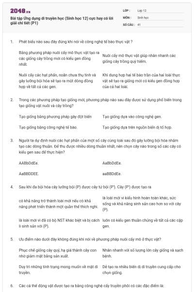 Bài tập Ứng dụng di truyền học (Sinh học 12) cực hay có lời giải chi tiết (P1)