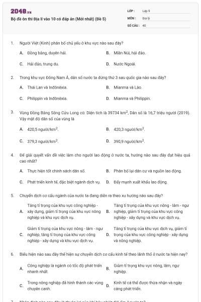 Bộ đề ôn thi Địa lí vào 10 có đáp án (Mới nhất) (Đề 5)
