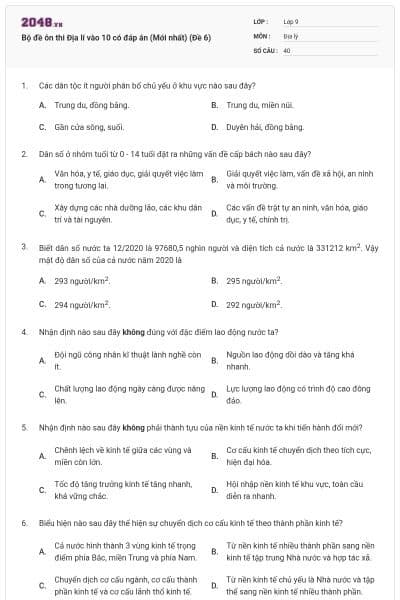 Bộ đề ôn thi Địa lí vào 10 có đáp án (Mới nhất) (Đề 6)