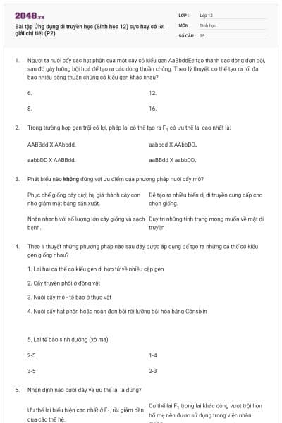 Bài tập Ứng dụng di truyền học (Sinh học 12) cực hay có lời giải chi tiết (P2)
