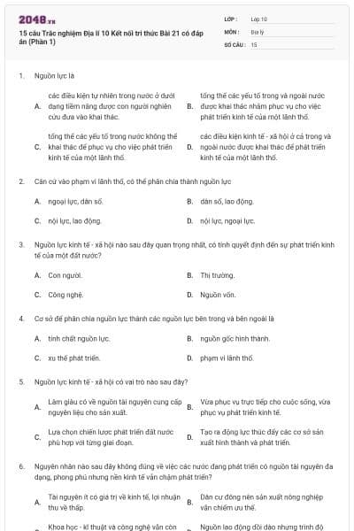 15 câu Trắc nghiệm Địa lí 10 Kết nối tri thức Bài 21 có đáp án (Phần 1)